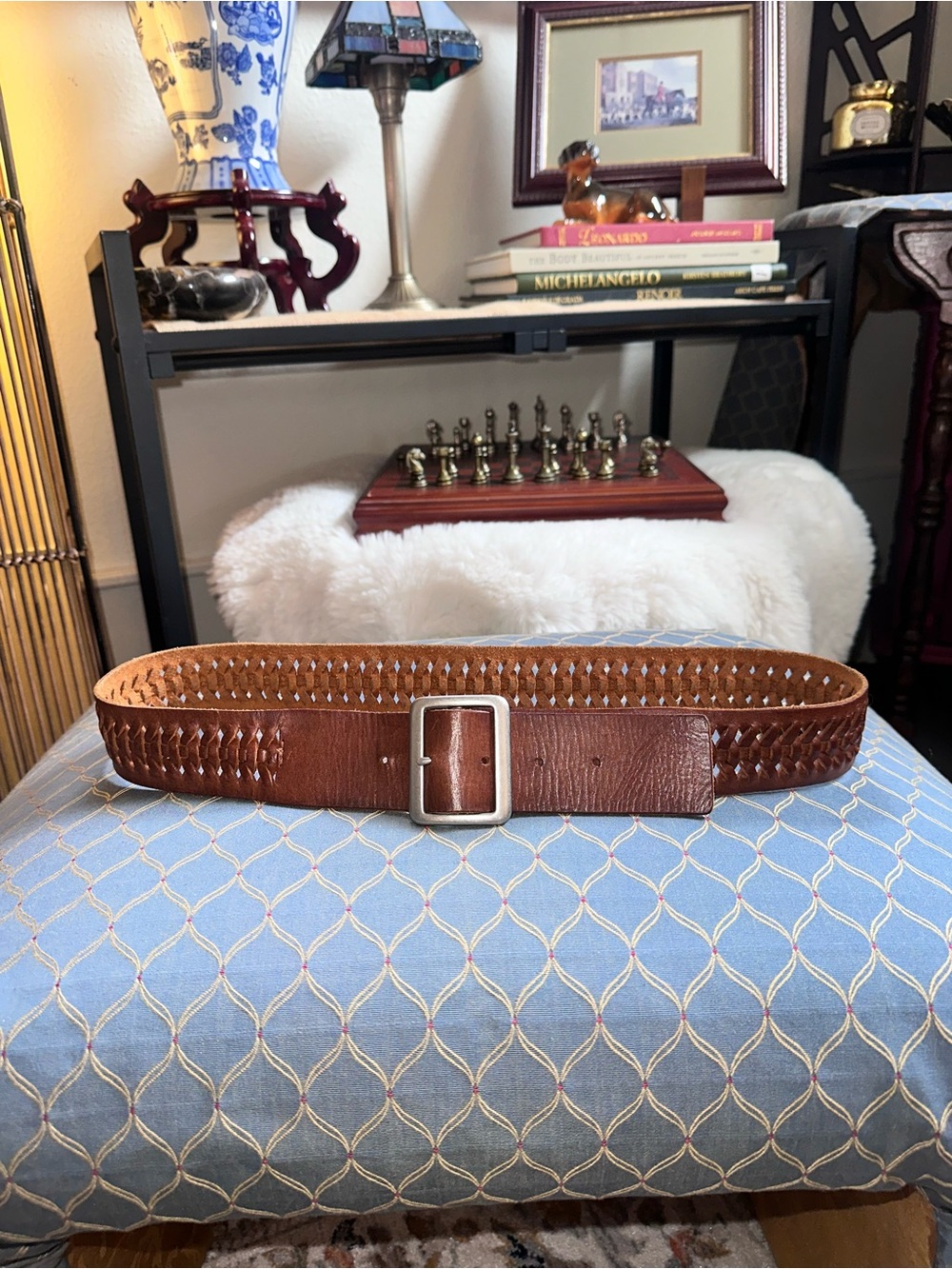 GAP Brown Woven Leather Belt with Silver Buckle